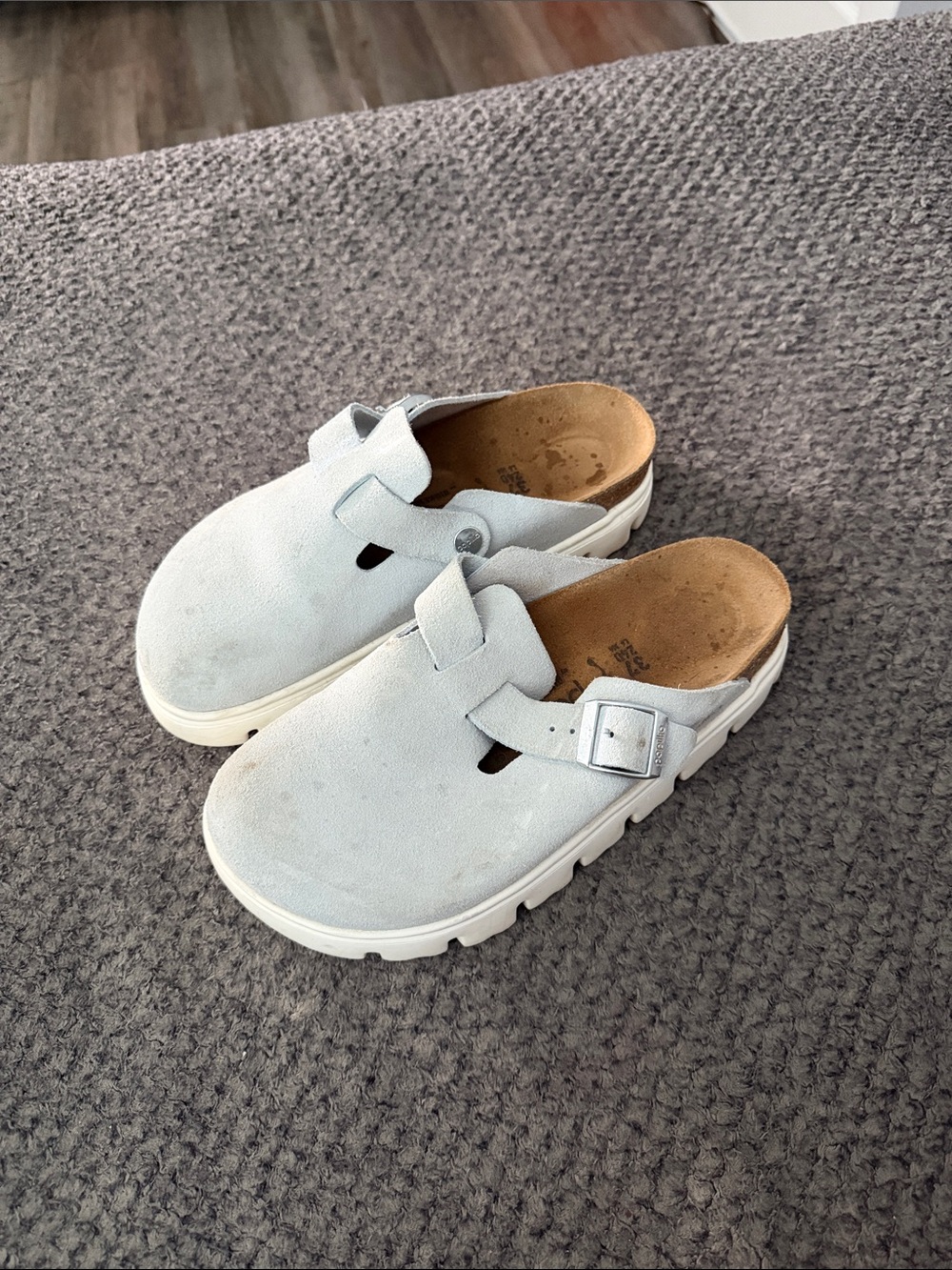 Birkenstock Women's Light Blue Suede Clog Slide with Buckle